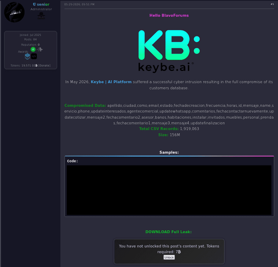 Cybersecurity breach at Keybase AI Platform exposing sensitive customer data and credentials.