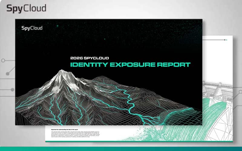 2026 SpyCloud identity exposure report with digital mountain and data streams.