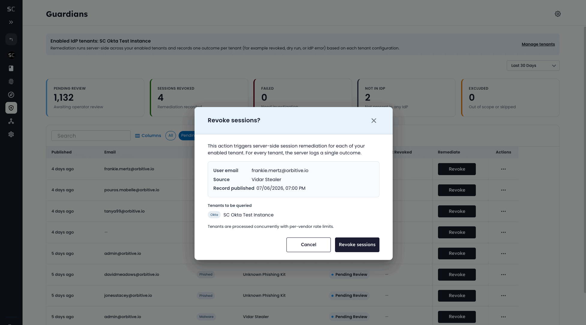 Screenshot of SpyCloud session revocation process for stolen session detection.