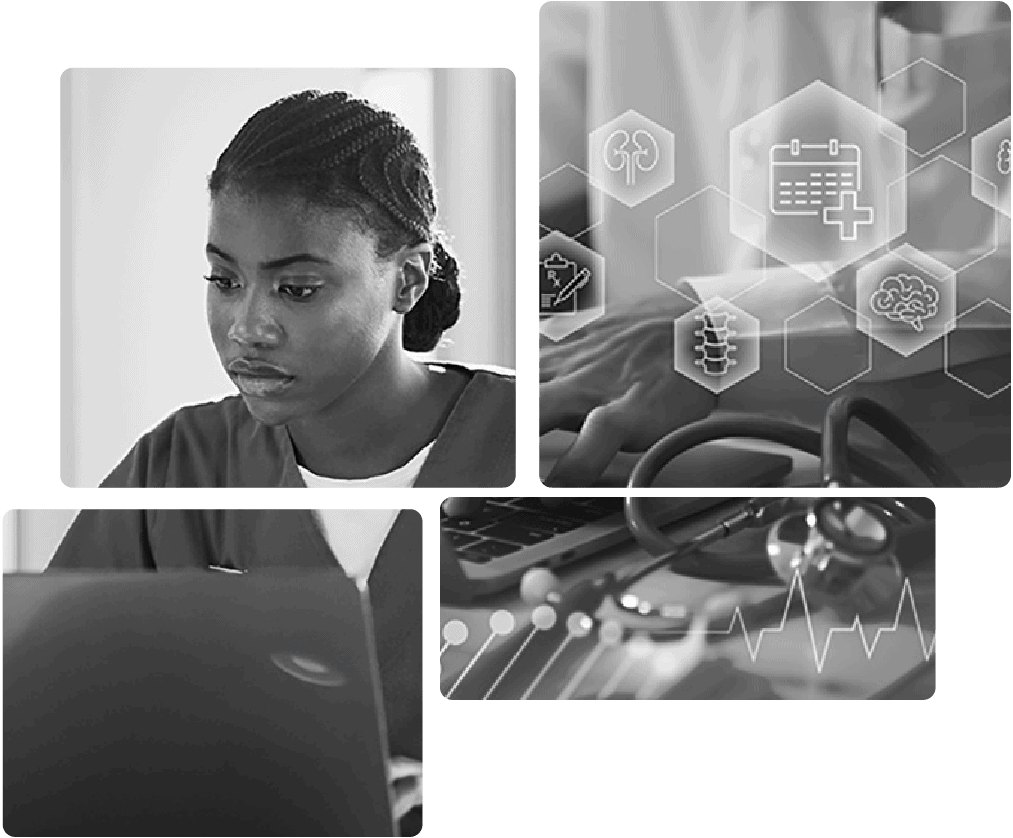 Healthcare professional working on cybersecurity with digital health icons.