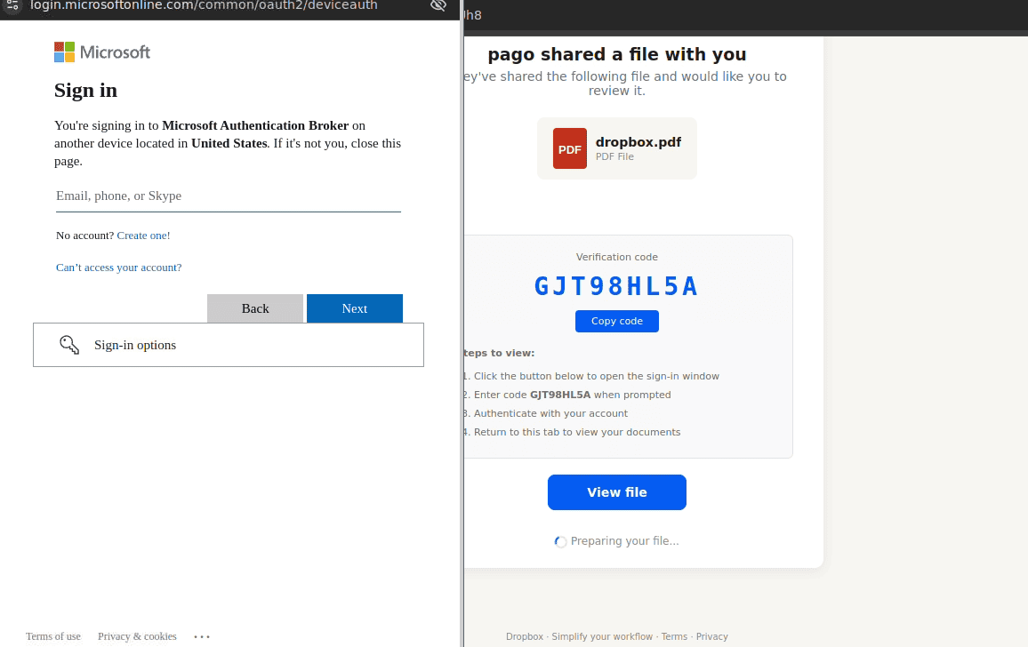 Microsoft sign-in page and Dropbox file sharing verification screenshot.