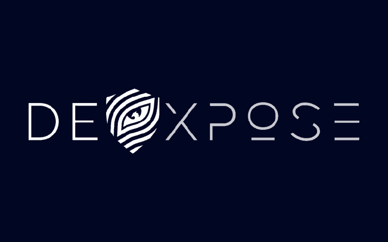 Dexpose cybersecurity logo with eye symbol on dark background.