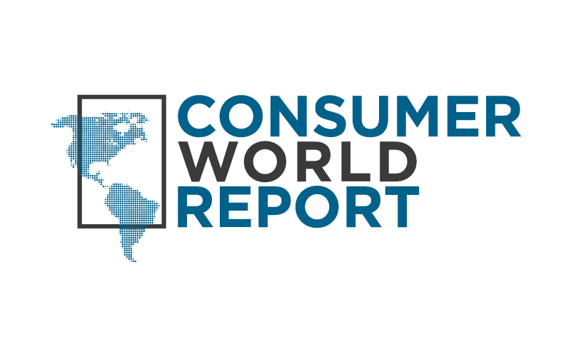 Consumer World Report logo with a world map and bold text.