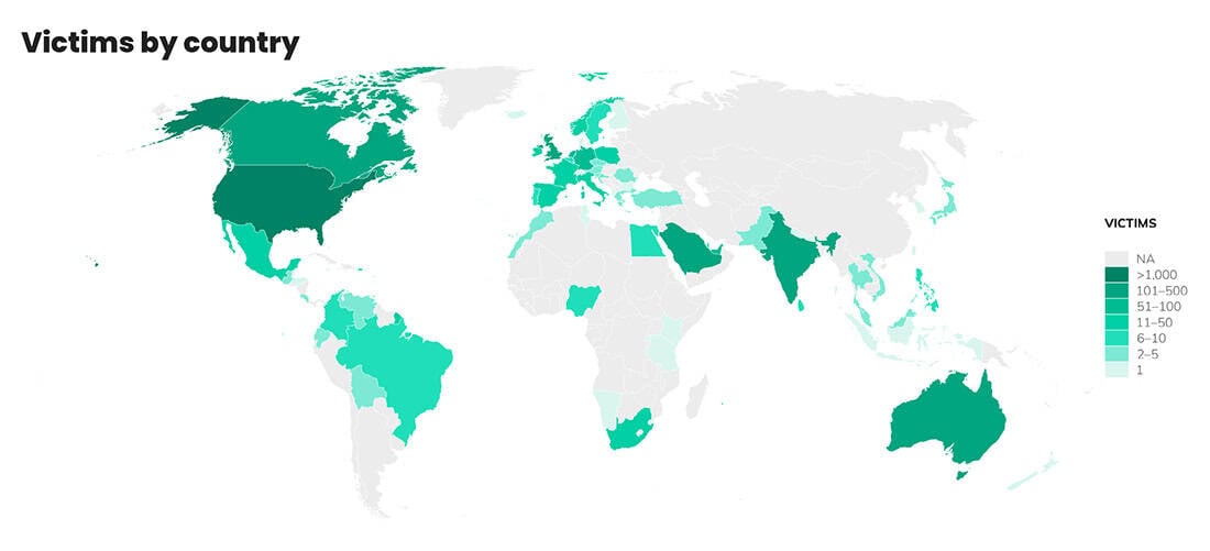 World map showing victims distribution by country with color coding.