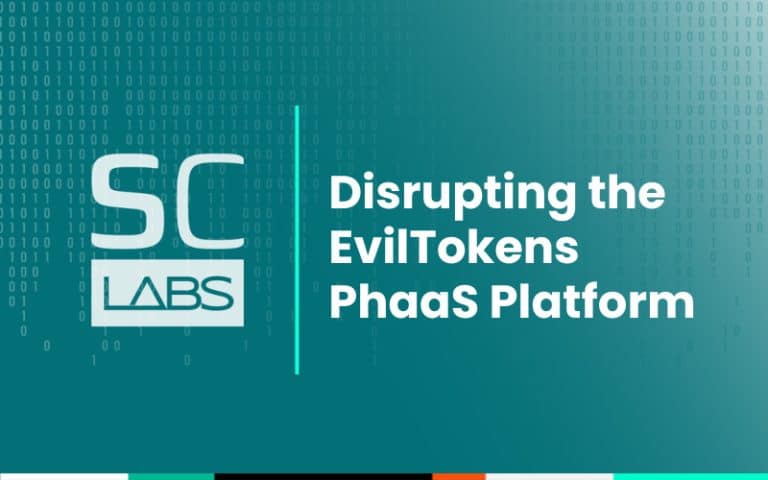 SC Labs logo with text Disrupting the EvilTokens PhaaS Platform.