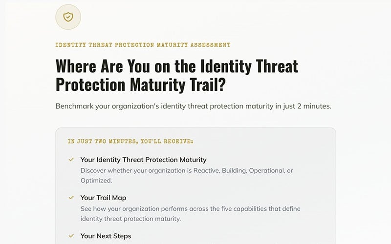 Identity threat protection maturity assessment dashboard with steps and trail map.