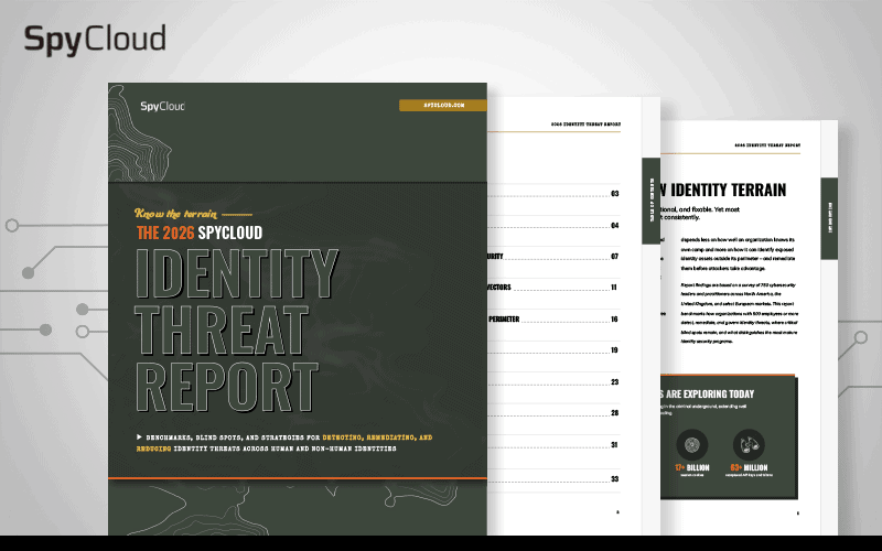 Cover of the 2026 SpyCloud Identity Threat Report with cybersecurity theme.