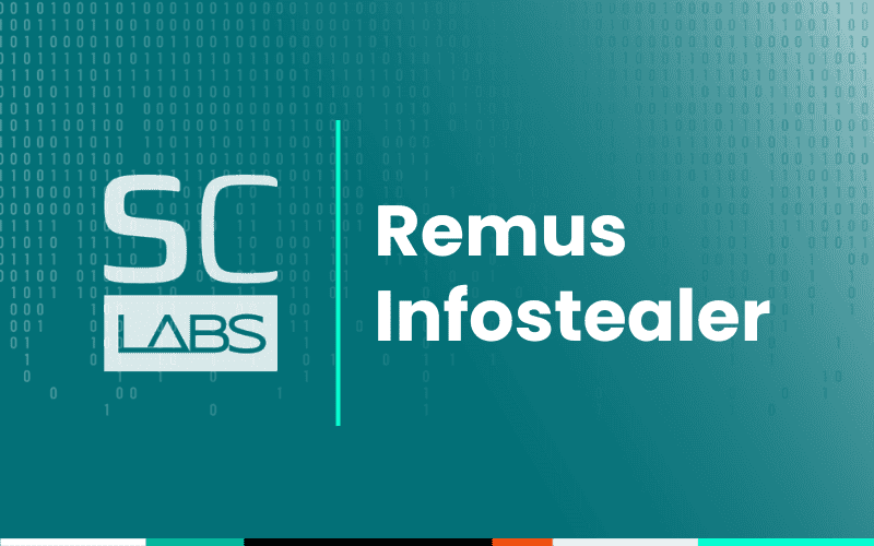 Remus Infostealer cybersecurity logo with binary code background.