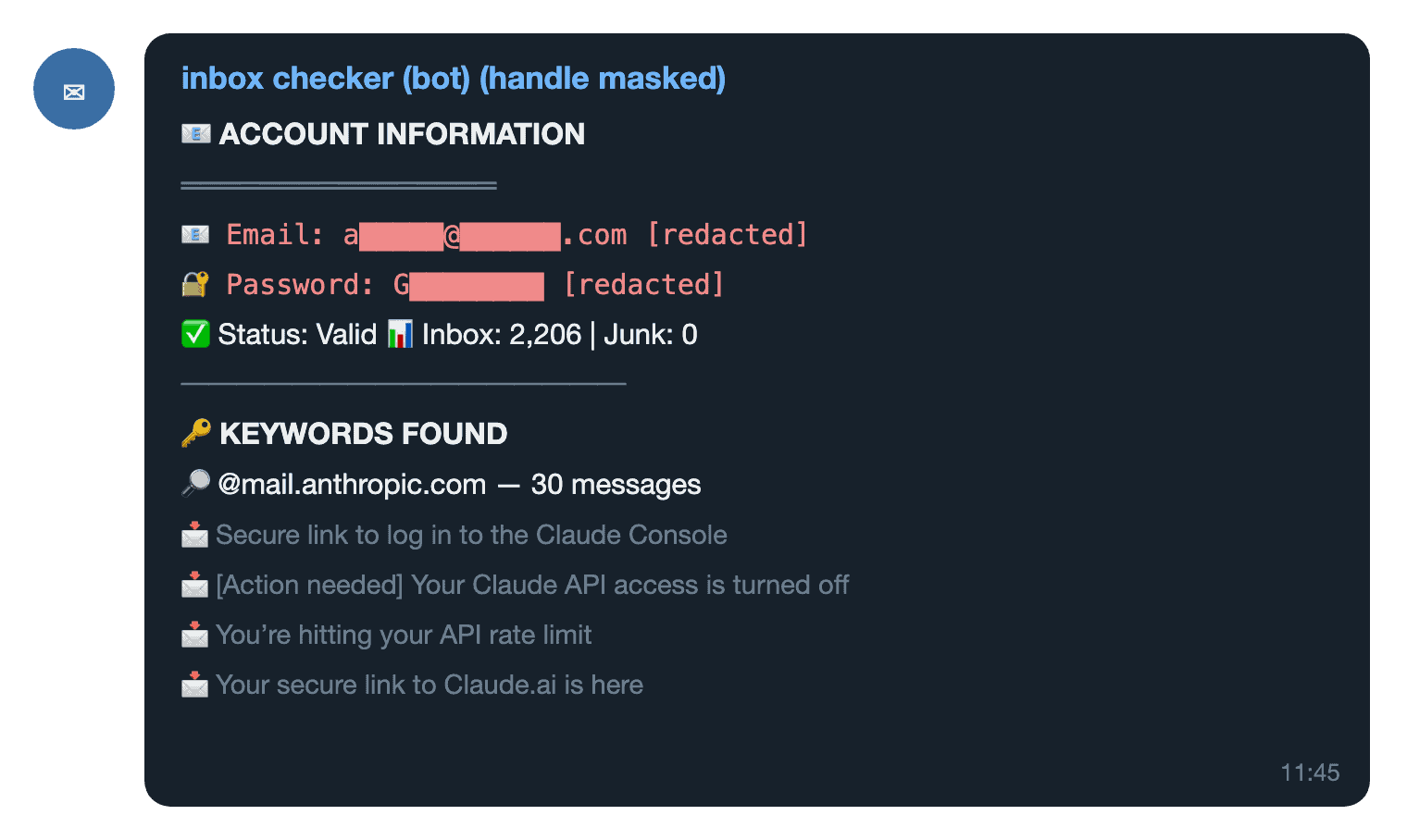 SpyCloud infostealer screenshot showing account info and messages.