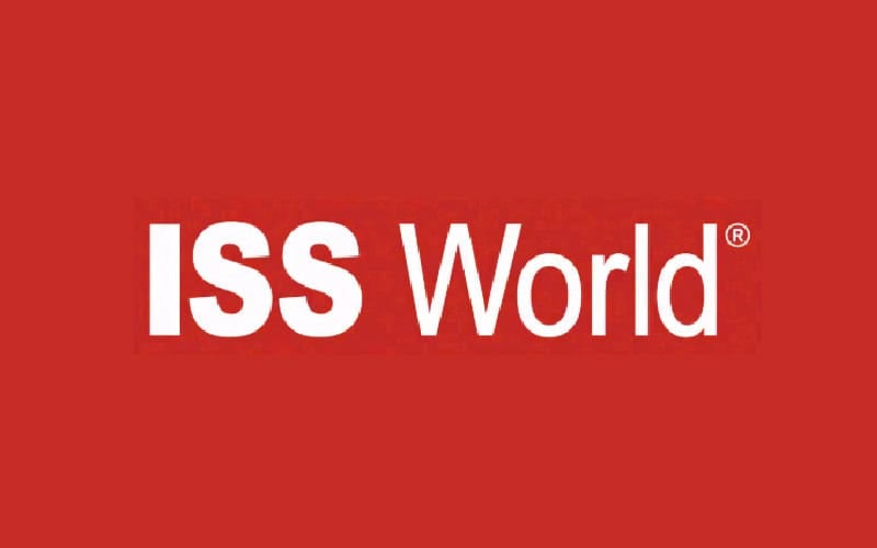 ISS World logo on red background for cybersecurity conference.